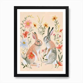 Folksy Floral Animal Drawing Rabbit 5 Art Print