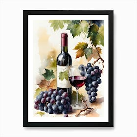 Vines,Black Grapes And Wine Bottles Painting (23) Art Print