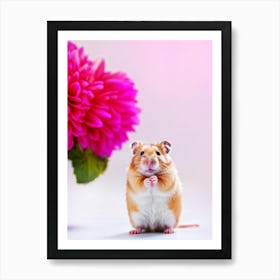 Hamster With Oversized Cheeks Clutching A Vivid Pink Dahlia Bright Color Palette Soft Focus Again Art Print