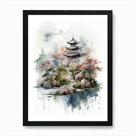 Chureito Pagoda In Yamanashi, Japanese Brush Painting, Ukiyo E, Minimal 2 Art Print