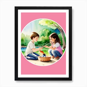 Cute Kids Playing with Water Art Print