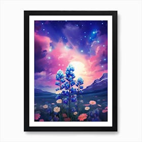 Blue Bonnet Wild Flower With Nothern Lights (1) Art Print