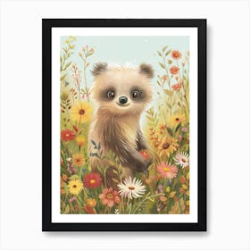 Sloth Bear Cub In A Field Of Flowers Storybook Illustration 2 Art Print