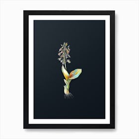 Vintage Brown Widelip Orchid Botanical Watercolor Illustration on Dark Teal Blue n.0778 Art Print