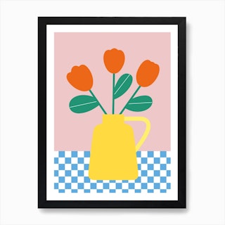 Yellow Vase With Red Tulips Art Print