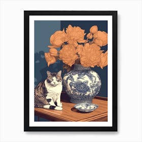 Drawing Of A Still Life Of Dahlia With A Cat 4 Art Print