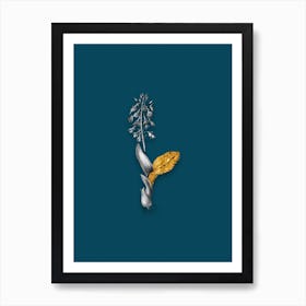Vintage Brown Widelip Orchid Black and White Gold Leaf Floral Art on Teal Blue n.0855 Art Print