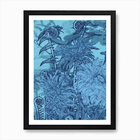 Abstract Botanical Fiddleheads and Dahlias in Blue and Indigo, Collage No.12623 - 05 Art Print