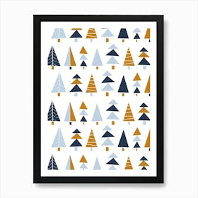 Modern Christmas Mid Century Geometric Trees Blue Navy Gold White Art Print