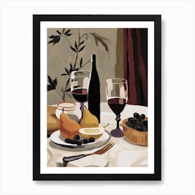 Atutumn Dinner Table With Cheese, Wine And Pears, Illustration 11 Art Print