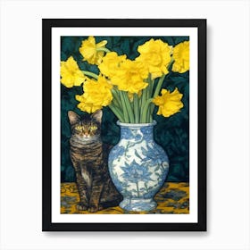 Daffodils With A Cat 1 William Morris Style Póster