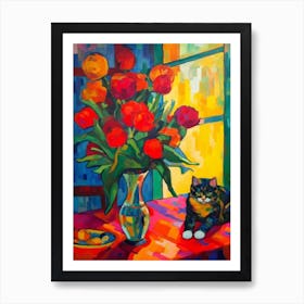 Tulips With A Cat 4 Fauvist Style Painting Art Print