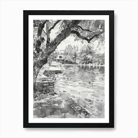 Barton Springs Pool Austin Texas Black And White Watercolour 1 Art Print