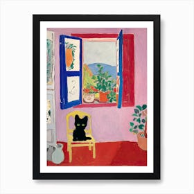 Black Cat And An Open Window With A Yellow Chair Art Print