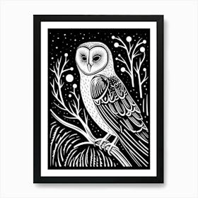 B&W Bird Linocut Barn Owl 4 Art Print