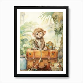 Monkey Painting Traveling Watercolour 1 Art Print