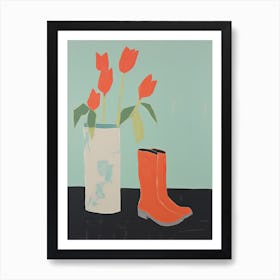 A Painting Of Cowboy Boots With Tulip Flowers, Pop Art Style 3 Art Print