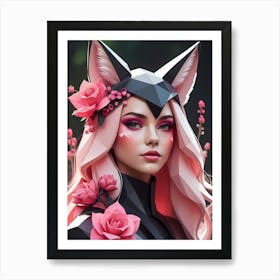 Low Poly Fox Girl,Black And Pink Flowers (20) Art Print