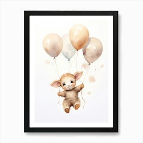 Baby Sheep Flying With Ballons, Watercolour Nursery Art 3 Art Print