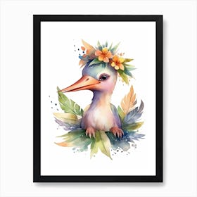 Pterodactyl With A Crown Of Flowers Cute Dinosaur Watercolour 3 Art Print