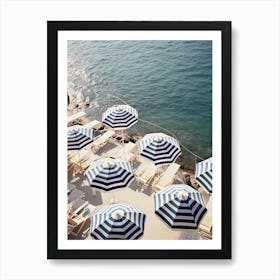 Blue And White Beach Umbrellas View Summer Vintage Photography Art Print