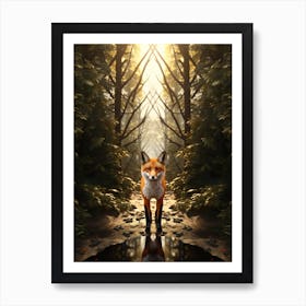 Fox Walking Through A Forest Realism Illustration 3 Art Print