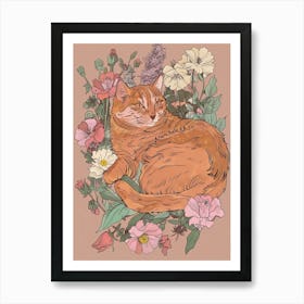 Cute Fluffy Cat With Flowers Illustration 3 Art Print