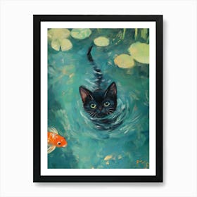 Black Cat Swimming In The Water, Green Blue Lake With Lotus Flowers And Goldfish Póster