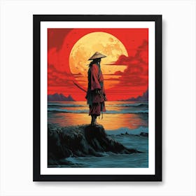 Japanese Red Samurai Warrior Moon Art Print