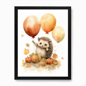 Hedgehog Flying With Autumn Fall Pumpkins And Balloons Watercolour Nursery 3 Art Print