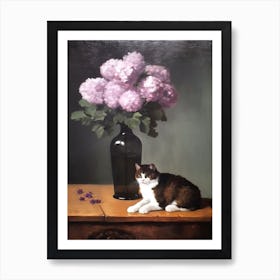 Painting Of A Still Life Of A Lilac With A Cat, Realism 1 Art Print