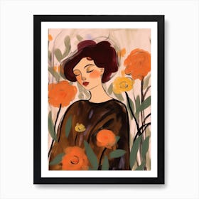 Woman With Autumnal Flowers Rose 3 Art Print