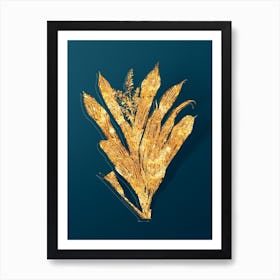 Vintage Cordyline Fruticosa Botanical in Gold on Teal Blue n.0124 Art Print