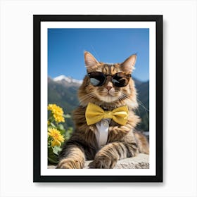 Cat Outfitted In Sharp Business Attire With A Fashionable Yellow Bow Tie Resting Sunglasses Atop It (3) Art Print