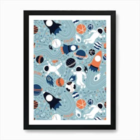 Explore Outer Space - Light Blue, Navy, Black and Orange Universe Kids Art Print