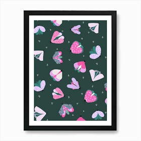 Scattered Colorful Moths and Little Triangles Multicolor on Dark Emerald Art Print