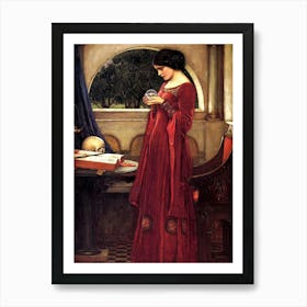 Crystal Ball by John William Waterhouse - Lady in Red Holding Crystal Ball - Gypsy Psychic Fortune Teller Witch Pagan Dreamy Mythological Oil Painting Remastered High Definition Gallery Art Print