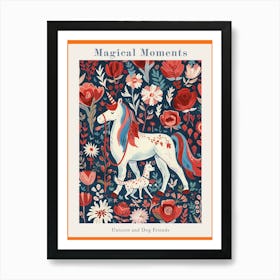 Unicorn & A Dog Blue And Red Floral Poster Art Print