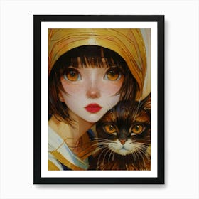 Anime Girl With A Cat Art Print