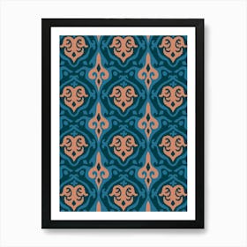 JAVA Boho Ikat Woven Texture Style in Exotic Blue and Blush Sand on Dark Teal Blue Art Print