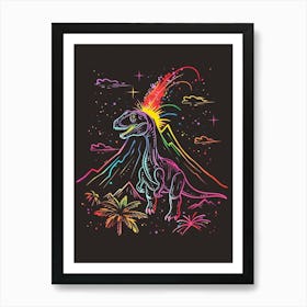 Neon Dinosaur With Volcano 3 Art Print