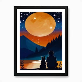 Boy And Dog Under The Moonlight In The Sky,  Minimilist,  Contrast  Art Print