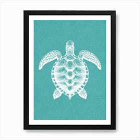 Vintage Sea Turtle Silhouette On Teal Linen Texture Art Print