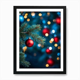 Closeup Of A Pine Tree Branch Under Night Time Setting Card Style Design With A Decorative Theme F Art Print