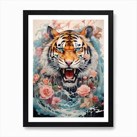 Tiger With Roses 1 Art Print