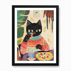 Black Cat Eating A Pizza Slice Folk Illustration 1 Art Print