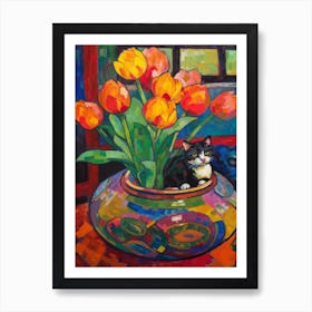 Lotus With A Cat 2 Fauvist Style Painting Art Print