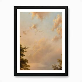 Orange Pastel Sunset Sky Clouds Tree Leaves Natural Landscape Scenery Art Print