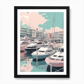 Brighton Marina Moored Boats Studio Ghibli Style Pink Blue High Contrast Art Print