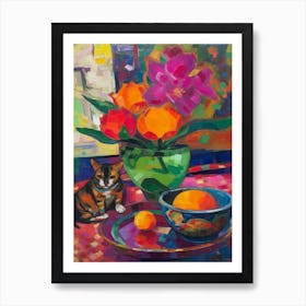 Lotus With A Cat 3 Fauvist Style Painting Art Print